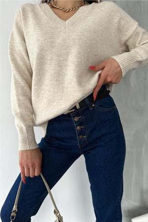Kadın V Yaka Standart Beden Oversize Basic Triko Kazak - Taş