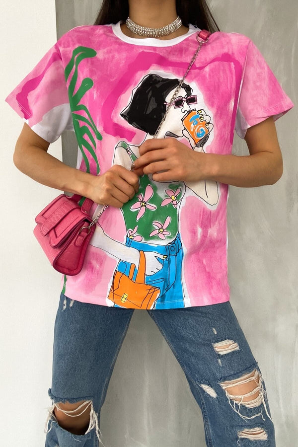 Kadın Yeni Sezon Tasarım Baskılı Pamuk Tişört - Pembe