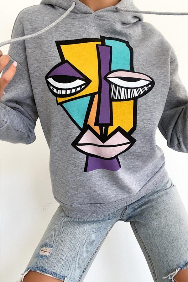 Kadın Yeni Sezon Karakter Baskılı Kapüşonlu Pamuklu Sweatshirt - Gri
