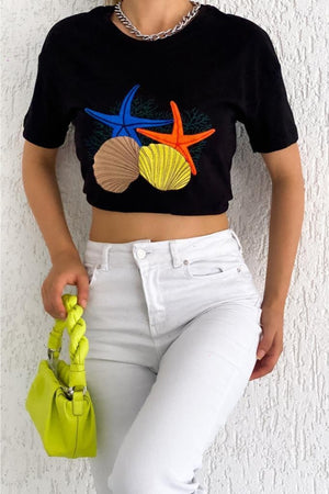 Kadın Bisiklet Yaka Deniz Yıldızı Nakış Işlemeli Yeni Sezon T-shirt - Siyah