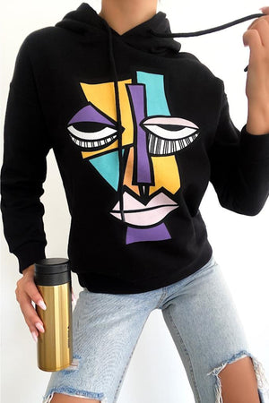 Kadın Yeni Sezon Karakter Baskılı Kapüşonlu Pamuklu Sweatshirt - Siyah