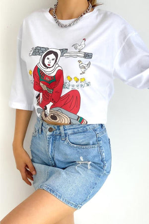 Kadın Yeni Sezon Baskılı Pamuk T-shirt - Beyaz
