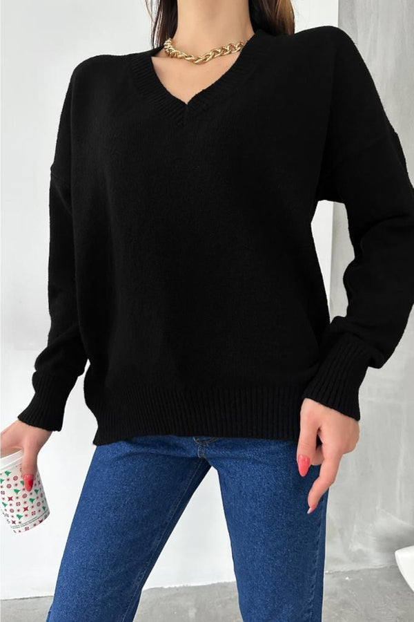 Kadın V Yaka Standart Beden Oversize Basic Triko Kazak - Siyah