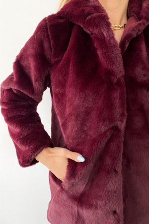 Kadın Astarlı Peluş Kapüşonlu Kürk Kaban Mont Kürk - Bordo