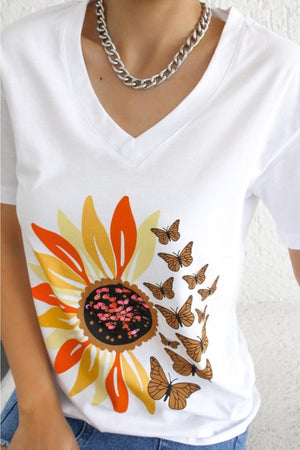 Kadın V Yaka Papatya Kelebek Pul Işlemeli Pamuk T-shirt - Beyaz