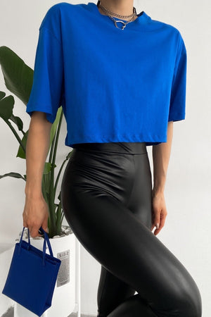 Kadın %100 Pamuk Crop Tişört - Saks Mavi