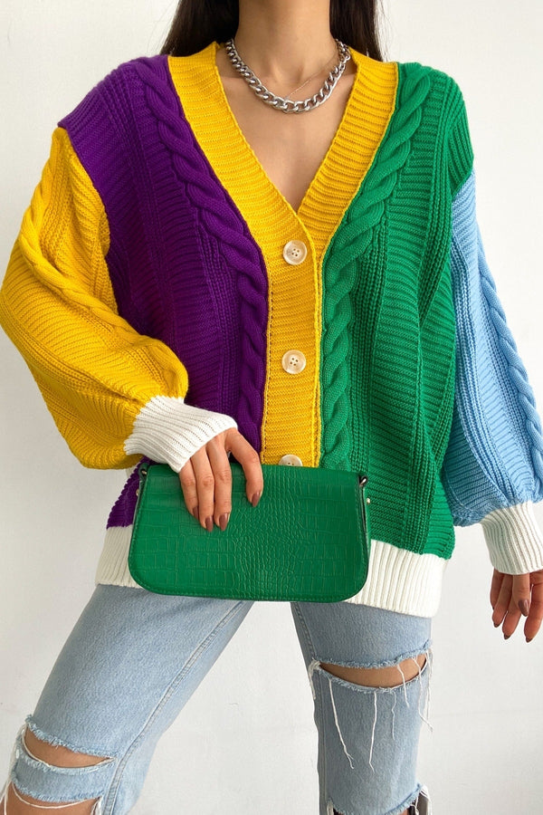 Kadın Çok Renkli Yeni Sezon Salaş Oversize Triko Hırka - MOR