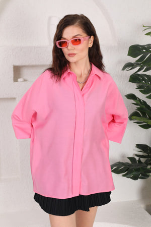 Kadın Gizli Düğmeli Fakir Kol Salaş Oversize Geniş Kalıp %50 Viskon %50 Pamuk Gömlek - Pembe