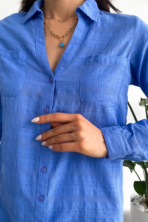 Kadın V Yaka Çift Cepli Katlanır Kol Slim Fit Kalıp Gömlek - Mavi