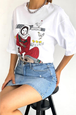 Kadın Yeni Sezon Baskılı Pamuk T-shirt - Beyaz