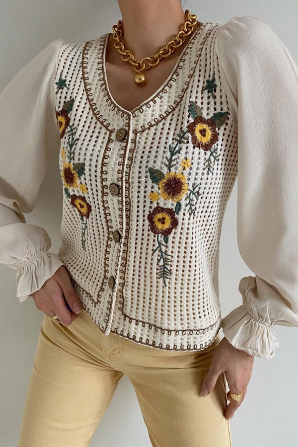 Kadın Yeni Sezon Çiçek Nakışlı Vintage Gömlek - Krem