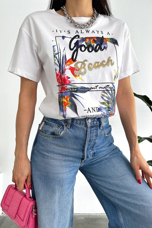 Kadın Yeni Sezon Good Beach Pul Işlemeli Pamuk Tişört - Beyaz