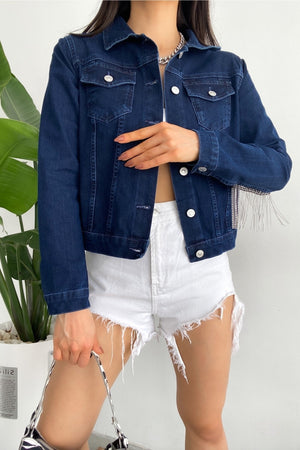 Kadın Sırtı Püsküllü Tasarım Denim Kot Ceket - Mavi