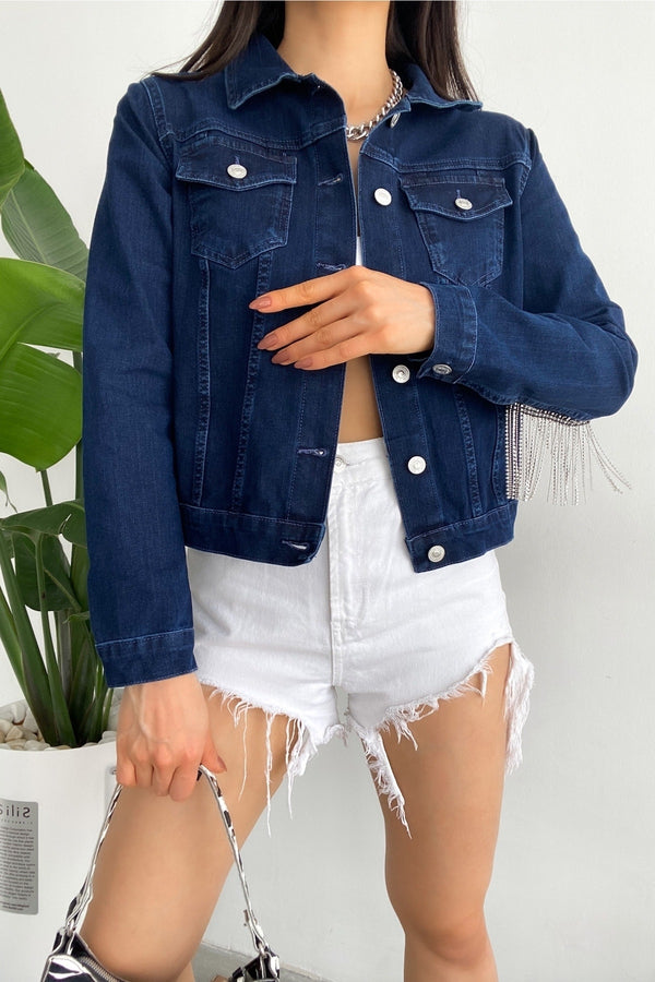 Kadın Sırtı Püsküllü Tasarım Denim Kot Ceket - Mavi