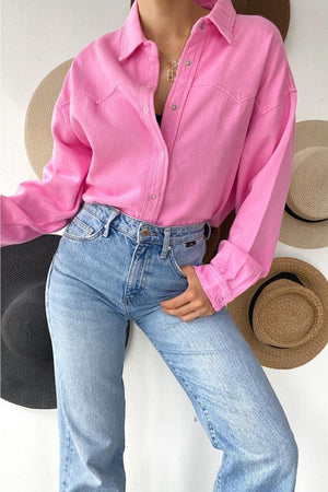 Kadın Düşük Omuz Oversize Çıtçıtlı Kalın Gömlek - Pembe