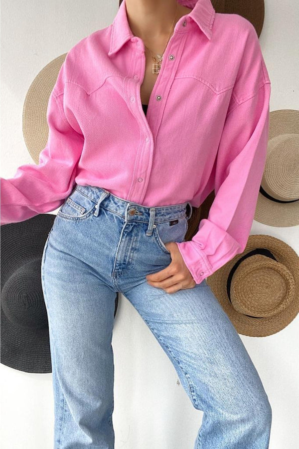 Kadın Düşük Omuz Oversize Çıtçıtlı Kalın Gömlek - Pembe