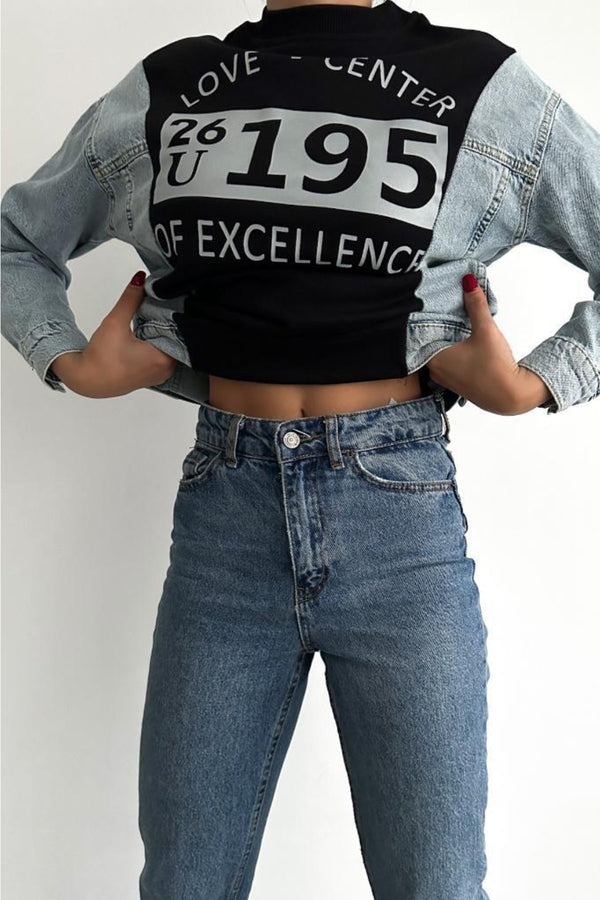 Kadın Baskılı Kolu Kot Içi Şardonlu Pamuk Sweatshirt - Siyah