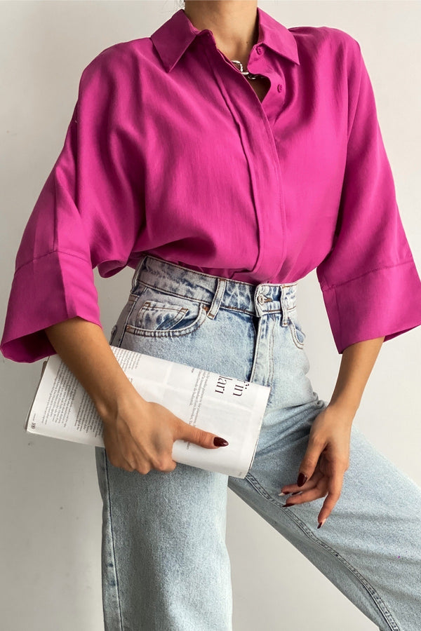 Kadın Gizli Düğmeli Fakir Kol Salaş Oversize Geniş Kalıp %50 Viskon %50 Pamuk Gömlek - Pembe