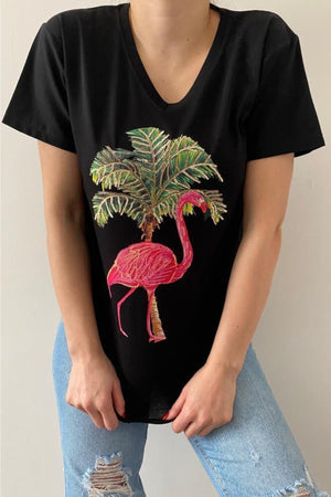 Kadın V Yaka Flamingo Pul Işlemeli Pamuk T-shirt - Siyah
