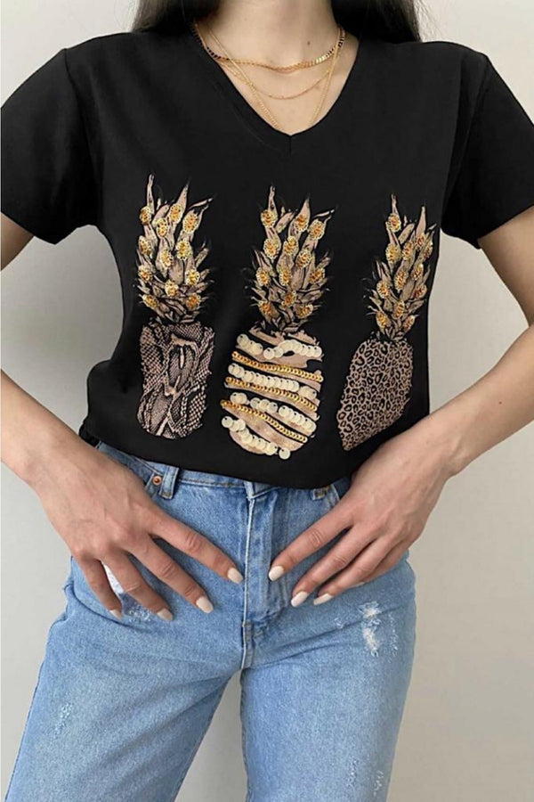 Kadın V Yaka Pullu Ananas T-shirt - Siyah