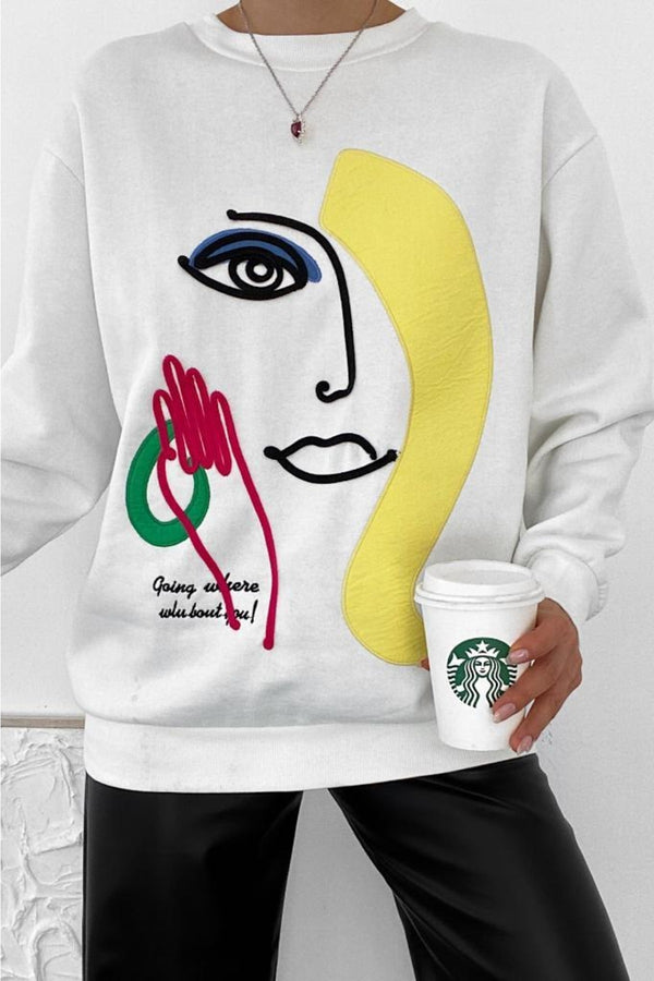 Kalın Içi Polarlı Nakış Işlemeli Kabartmalı Oversize Sweatshirt - Ekru