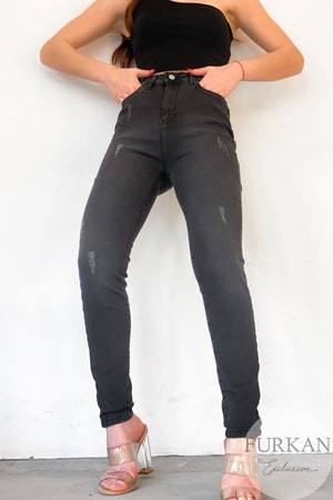 Tırnaklı Yüksek Bel Likralı Jean Pantolon - Füme