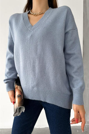 Kadın Bebe Mavi V Yaka Standart Beden Oversize Basic Triko Kazak - Bebe Mavisi