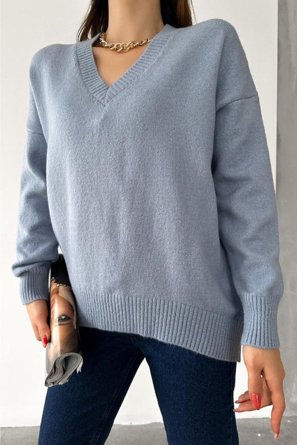 Kadın Bebe Mavi V Yaka Standart Beden Oversize Basic Triko Kazak - Bebe Mavisi