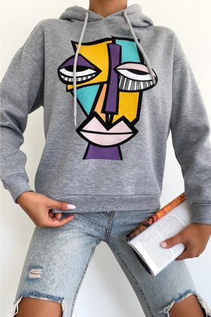 Kadın Yeni Sezon Karakter Baskılı Kapüşonlu Pamuklu Sweatshirt - Gri
