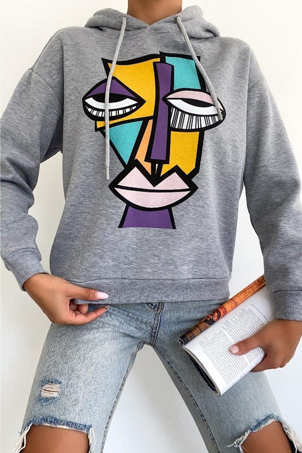 Kadın Yeni Sezon Karakter Baskılı Kapüşonlu Pamuklu Sweatshirt - Gri