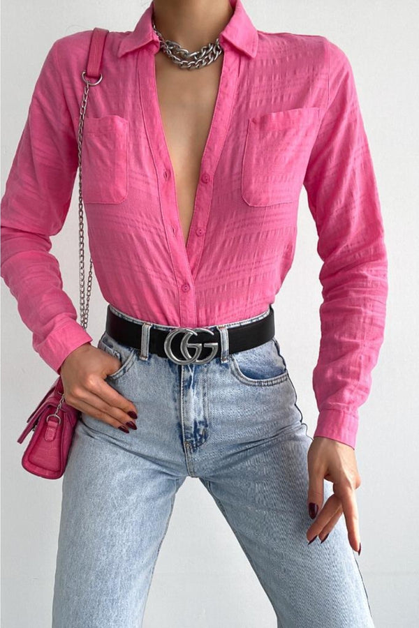 Kadın V Yaka Çift Cepli Katlanır Kol Slim Fit Kalıp Gömlek - Pembe