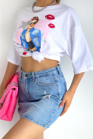 Kadın Bisiklet Yaka Baskılı Yeni Sezon Pamuk T-shirt - Beyaz