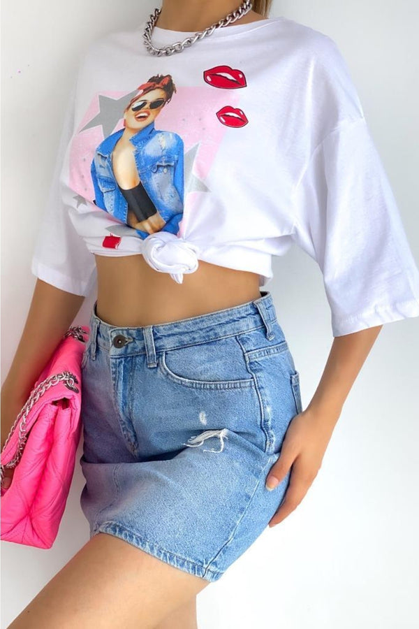 Kadın Bisiklet Yaka Baskılı Yeni Sezon Pamuk T-shirt - Beyaz