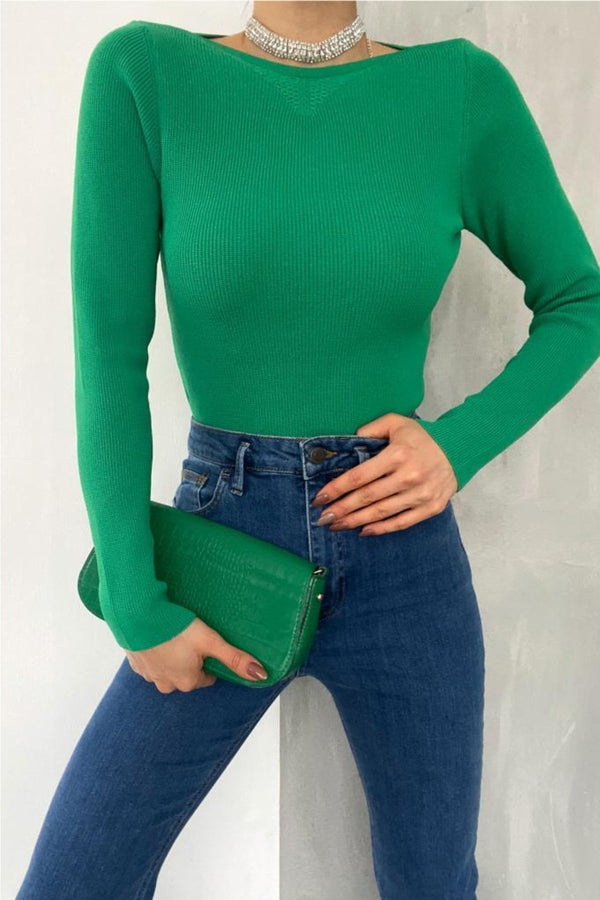 Kadın Standart Beden Basic Yaka Detaylı Fitilli Örme Bluz - Yeşil