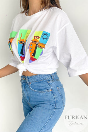 Kadın Bisiklet Yaka Neon Baskılı Oversize Tişörr - Beyaz