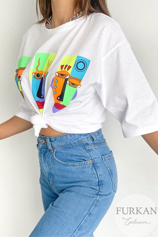 Kadın Bisiklet Yaka Neon Baskılı Oversize Tişörr - Beyaz