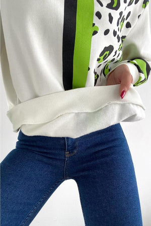 Kadın Leopar Desen Pamuk Sweatshirt - Beyaz