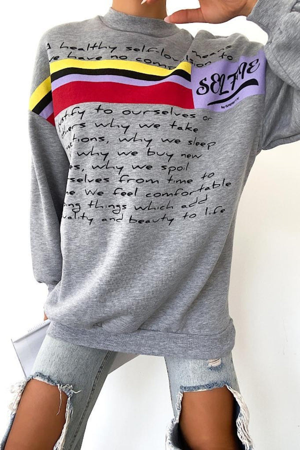 Yeni Sezon Selfie Baskılı Pamuklu Oversize Sweatshirt - Gri