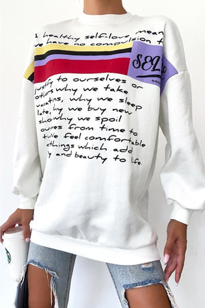 Yeni Sezon Selfie Baskılı Pamuklu Oversize Sweatshirt - Beyaz