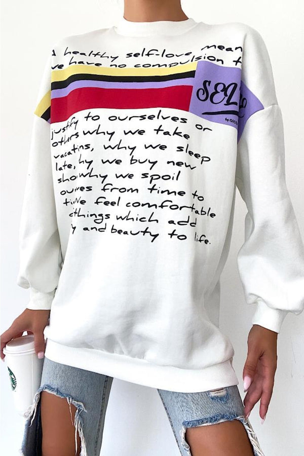 Yeni Sezon Selfie Baskılı Pamuklu Oversize Sweatshirt - Beyaz