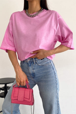 Kadın Yeni Sezon Yıkamalı Salaş Oversize Tişört - Pembe