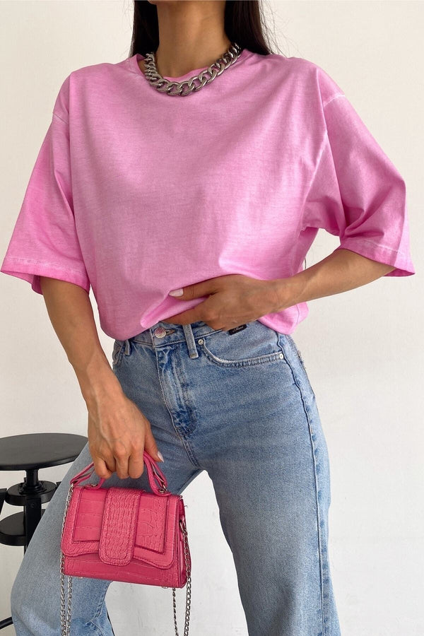 Kadın Yeni Sezon Yıkamalı Salaş Oversize Tişört - Pembe