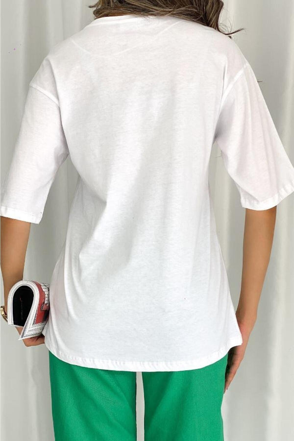 Kadın Baskılı Tasarım Pamuk T-Shirt - Beyaz