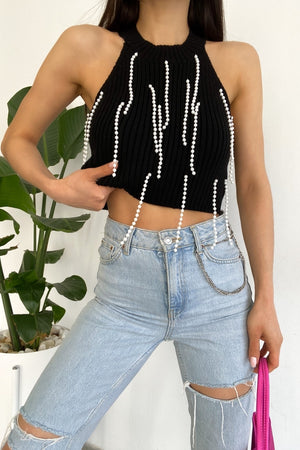 Kadın Halter Yaka Boncuklu Triko Crop Bluz - Siyah