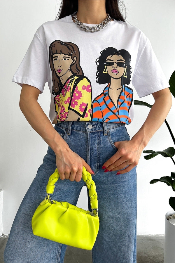Kadın Yeni Sezon Baskılı Pamuk Tişört - Beyaz