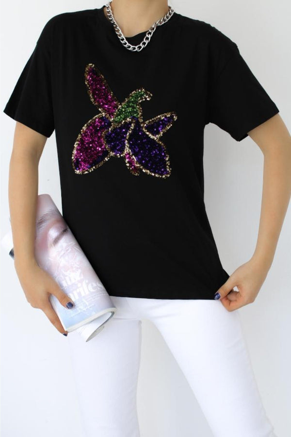Kadın Harıbülbül Çiçek Pul Payet Dikme Pamuk T-shirt - Siyah