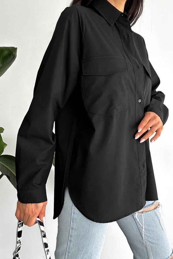 Kadın Yeni Sezon Çift Cepli Oversize Gömlek - Siyah
