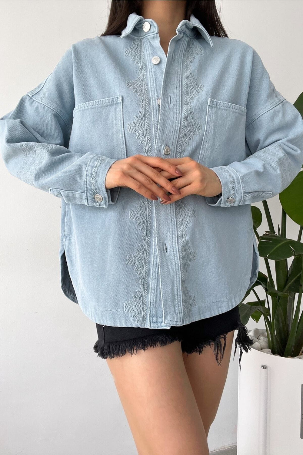 Kadın Buz Yeni Sezon Çift Cepli Standart Beden Nakış Işlemeli Oversize Ceket - Mavi
