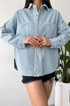 Kadın Buz Yeni Sezon Çift Cepli Standart Beden Nakış Işlemeli Oversize Ceket - Mavi