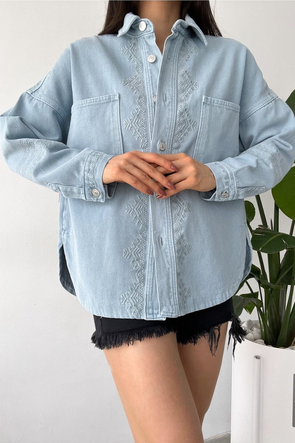 Kadın Buz Yeni Sezon Çift Cepli Standart Beden Nakış Işlemeli Oversize Ceket - Mavi